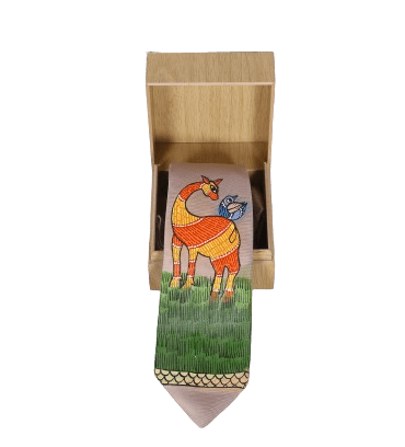 Gond Hand Painted Beige Deer Tie