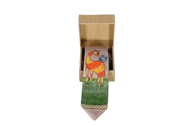 Gond Hand Painted Beige Deer Tie