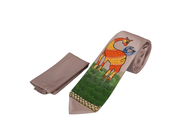 Gond Hand Painted Beige Deer Tie