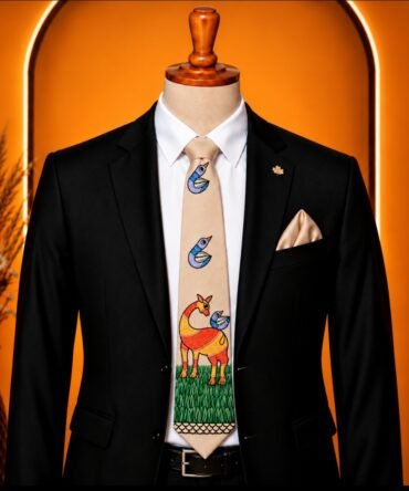 Gond Hand Painted Beige Deer Tie