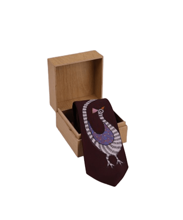 Gond Hand Painted Peacock Dark Wine Tie